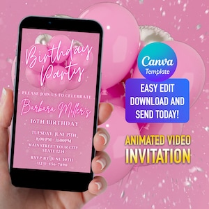 Pink Glitter Balloons Birthday Invitation Editable Template Digital Download