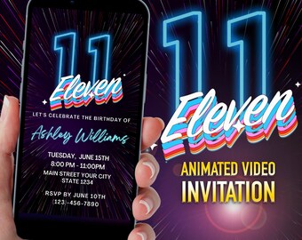 Blue Neon 11th Birthday Invitation: Editable Text Party Invite (Digital Download)