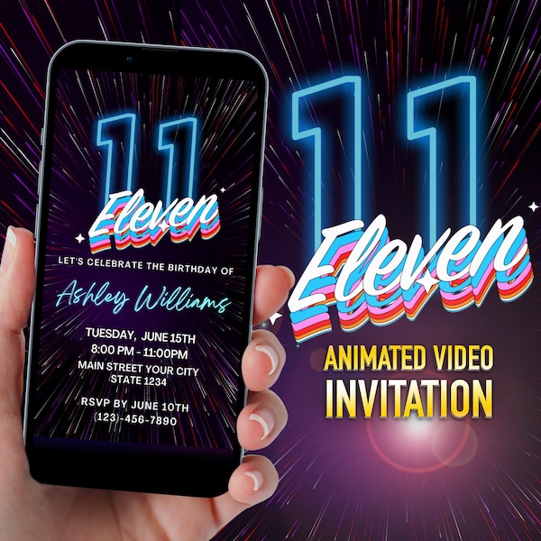 Blue Neon 11th Birthday Invitation: Editable Text Party Invite (Digital Download)