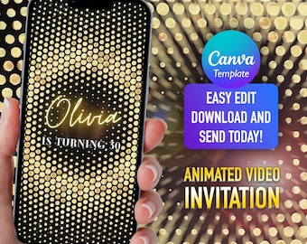 Digital Gold Glitter Birthday Party Invitation, Digital Gold Party Invite, Video Invitation, Editable E Invite, Any Age, Instant Download