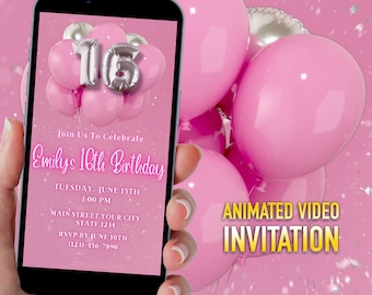 16th Birthday Dinner Invitation: Pink Glitter Balloons (Digital Download)