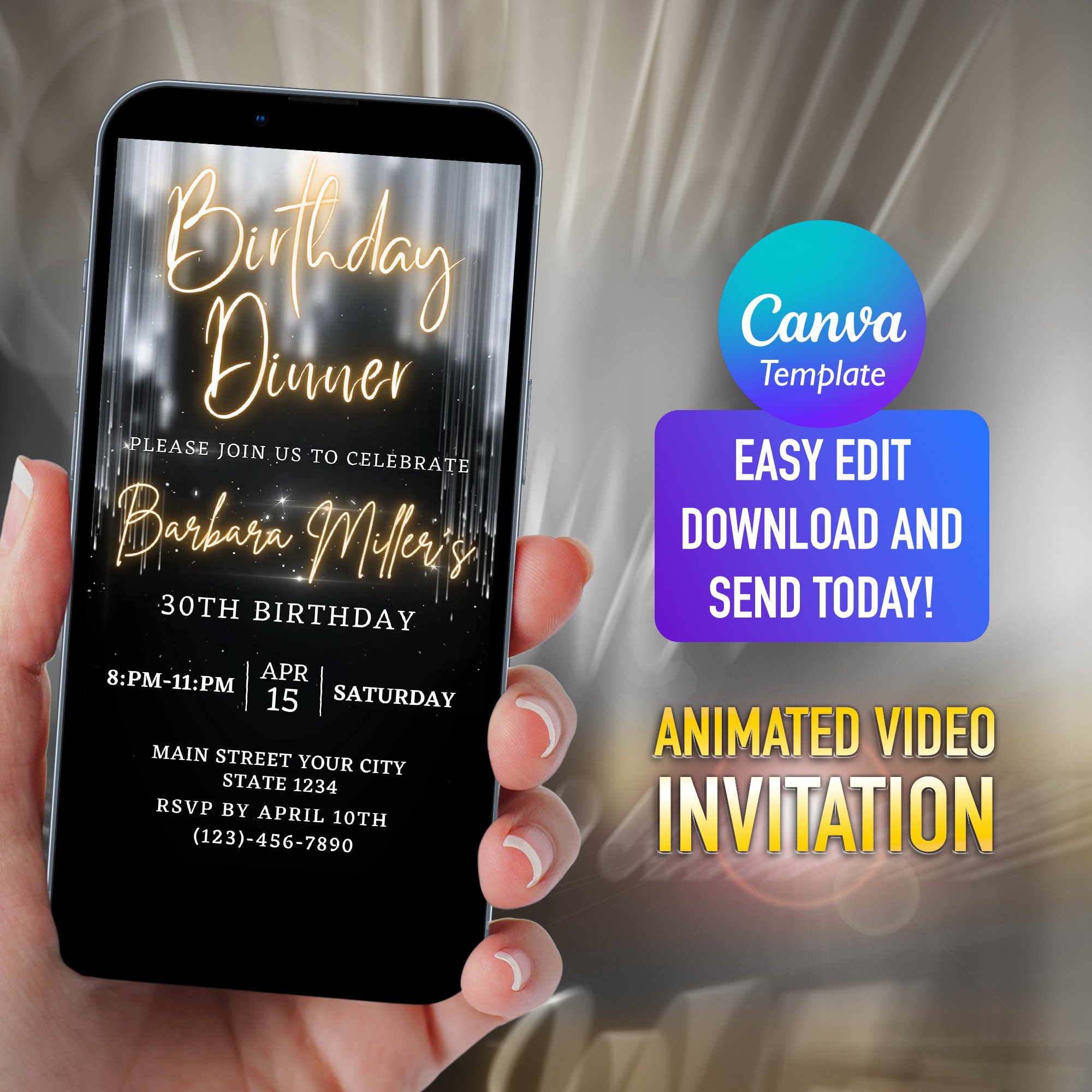 Gold Glitter Birthday Dinner Video Invitation: Editable E-Invite (Digital Download)