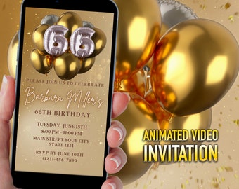 66th Birthday Gold Silver Digital Invitation, Electronic 66th Birthday Evite, Glitter Balloons, Editable Template, Instant Download