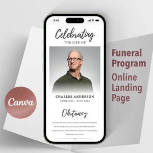 Without paper printing, Funeral Program, online Website, Memorial Template, Editable