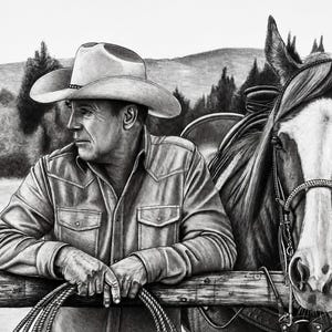 May include: A black and white charcoal drawing of a person wearing a cowboy hat and a button-down shirt, leaning on a wooden fence next to a saddled horse. The person holds a coiled rope, and the scene features a landscape with trees and hills.