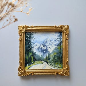 4.25x4.25", Die Autofahrt, Herbst in den Dolomiten, Original Aquarell, Miniatur, Quadrat, Italien
