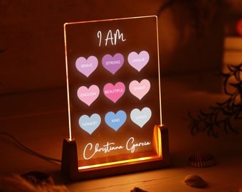 Veilleuse Cœur Affirmations pour enfants - Signe de nom pour enfants - Décor de chambre d'enfant - Affirmation personnalisée - Cadeau pour enfants - Cadeau d'anniversaire pour enfants