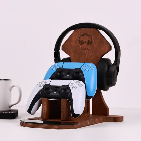 Cadeau personnalisé de support de contrôleur et de casque en bois - Décor de salle de joueur - Cadeau de Noël pour papa - Gifs d’accessoires techniques - Cadeau d’anniversaire de mari