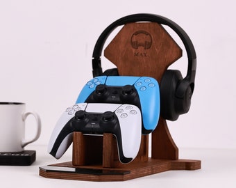 Custom Wooden Controller and Headset Stand Gift - Gamer Room Decor - Christmas Gift for Dad - Tech Accessories Gifs - Husband Birthday Gift