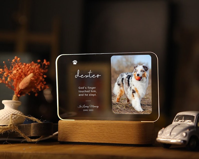 May include: An illuminated memorial photo frame featuring a dog and the name "dexter". The frame includes the text "God's finger touched him, and he slept. In Loving Memory 2018-2022". The frame is set on a wooden base, ideal for a pet memorial.