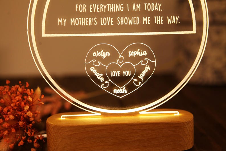 May include: A wooden base with a clear acrylic circle on top. The circle has a heart shape with the words "LOVE YOU" inside. The heart is surrounded by five smaller hearts with names written inside: Evelyn, Sophia, Amelia, Noah, and James. The text "FOR EVERYTHING I AM TODAY, MY MOTHER'S LOVE SHOWED ME THE WAY." is written above the heart.