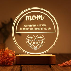 May include: A white LED night light with a round wooden base. The light features a circle with the word "mom" and the text "FOR EVERYTHING I AM TODAY. MY MOTHER'S LOVE SHOWED ME THE WAY."  Inside the circle is a heart with the names "avelyn", "amelia", "sophia", "James", and "LOVE YOU" written inside.