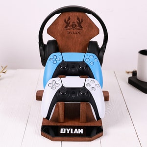 Soporte de madera para mando y auriculares: regalo personalizado para gamers, regalo para novios gamers, regalo para él, regalo para novios, regalo gamer.