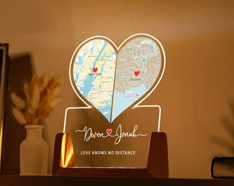 Custom Two Map Night Light, Love Knows No Distance, Long Distance Relationship Lamp, Going Away Gift, Couple Gift Valentine's Gifts