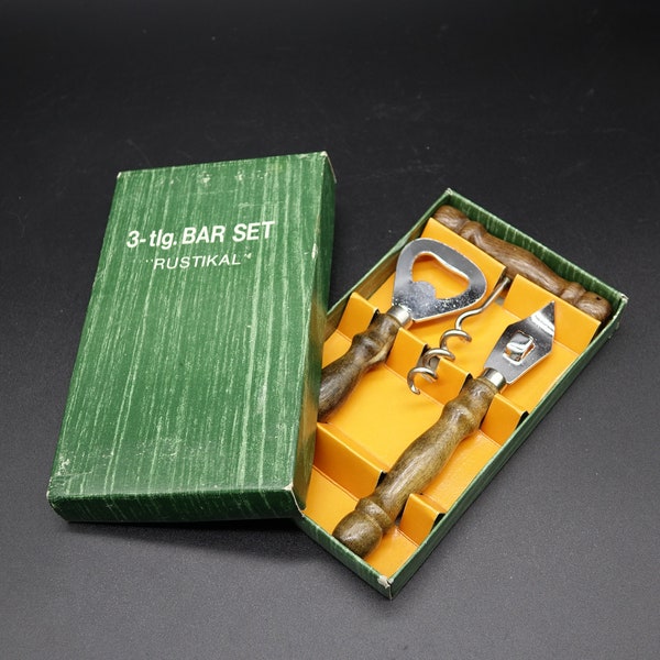 Vintage Bar Set in Original Packaging/Box The set "RUSTIKAL" 3 Piece Bar Set in Box with Corkscrew, Bottle Opener and Cap Lifter 1960-1980s