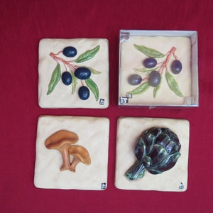Vintage Ceramic Wall Plaque by Jie Gantofta, Made in Sweden. Ceramic Wall Tile Design Madeleine Hillgrund. Olive, Chanterelles and Artichoke
