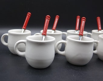 Set of 6 or 8 Vintage White Ceramic CHRISTMAS GLÖGG / Mulled Wine Mug with Christmas Spoons in Stainless Steel and Red Wood Handles from 70s