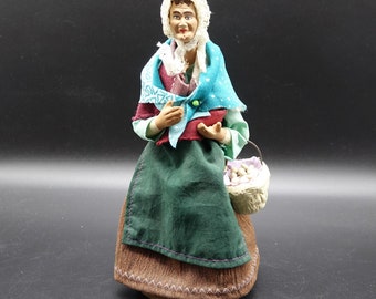 Vintage Clay / Terra Cotta Doll / Figurine most likely Santon Provence. Old Woman with a basket filled with eggs. Made in France 50-60s