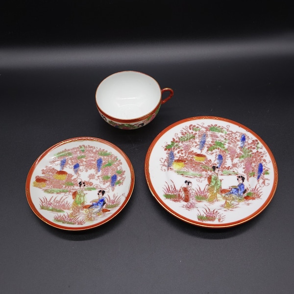 Vintage Japanese Cup, Saucer and Plate. Beautiful Hand Painted Geisha and Japanese Motifs. Tea/Coffee Cups and Plate from before 1950s