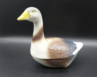 vintage Petit MICHEL CAUGNT Français Goose Tureen, Pate Dish/Bol avec couvercle. Oie en Céramique Fabriquée en France dans les Années 70-80