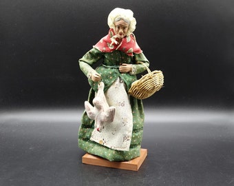 Vintage Clay / Terra Cotta Doll / Figurine most likely Santon Provence. Old Woman with a goose and fish. Made in France 50-60s