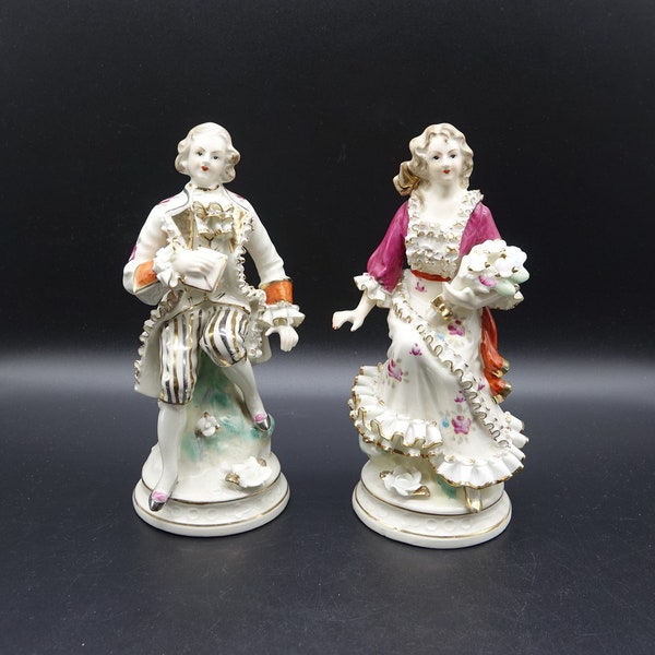 RARE! Antique / Vintage Dresden or most likely Meissen Victorian Couple Figurines. Woman with bouquet of flowers and man holding a letter.