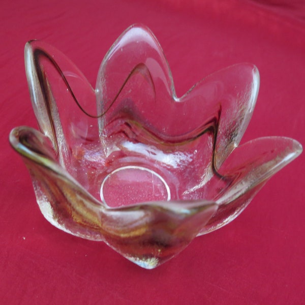 Vintage Swedish FM Konstglas Ronneby Glass Flower shaped Bowl, Amber and Brown crystal, Large tea light holder,"Water Lily" 60-90s