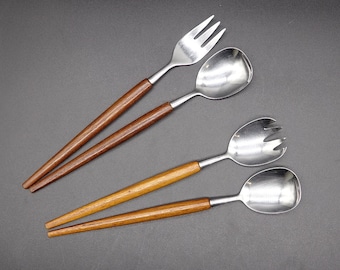 Vintage Set of Stainless Steel Salad Cutlery with Teak Handles. Salad Cutlery from the 70s in Made in Sweden.