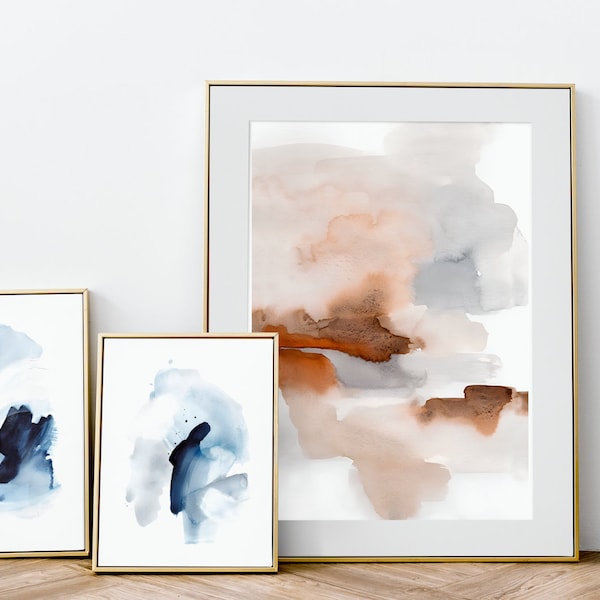 Set of 3 Neutral Abstract Wall Art,Abstract Painting,Abstract Set of 3 Prints,Blue,Beige,Gold,Neutral Decor,Minimalist,Living Room,Bedroom