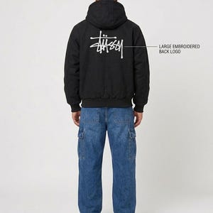 Stüssy Black Canvas Active Jacket - Embroidered Logo on Back & Chest - Vintage Streetwear Style Workwear