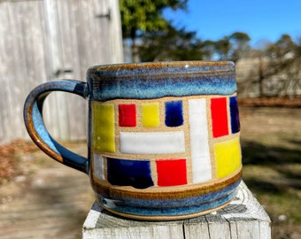 11 oz. Ceramic Mug with Mondrian inspired glaze design