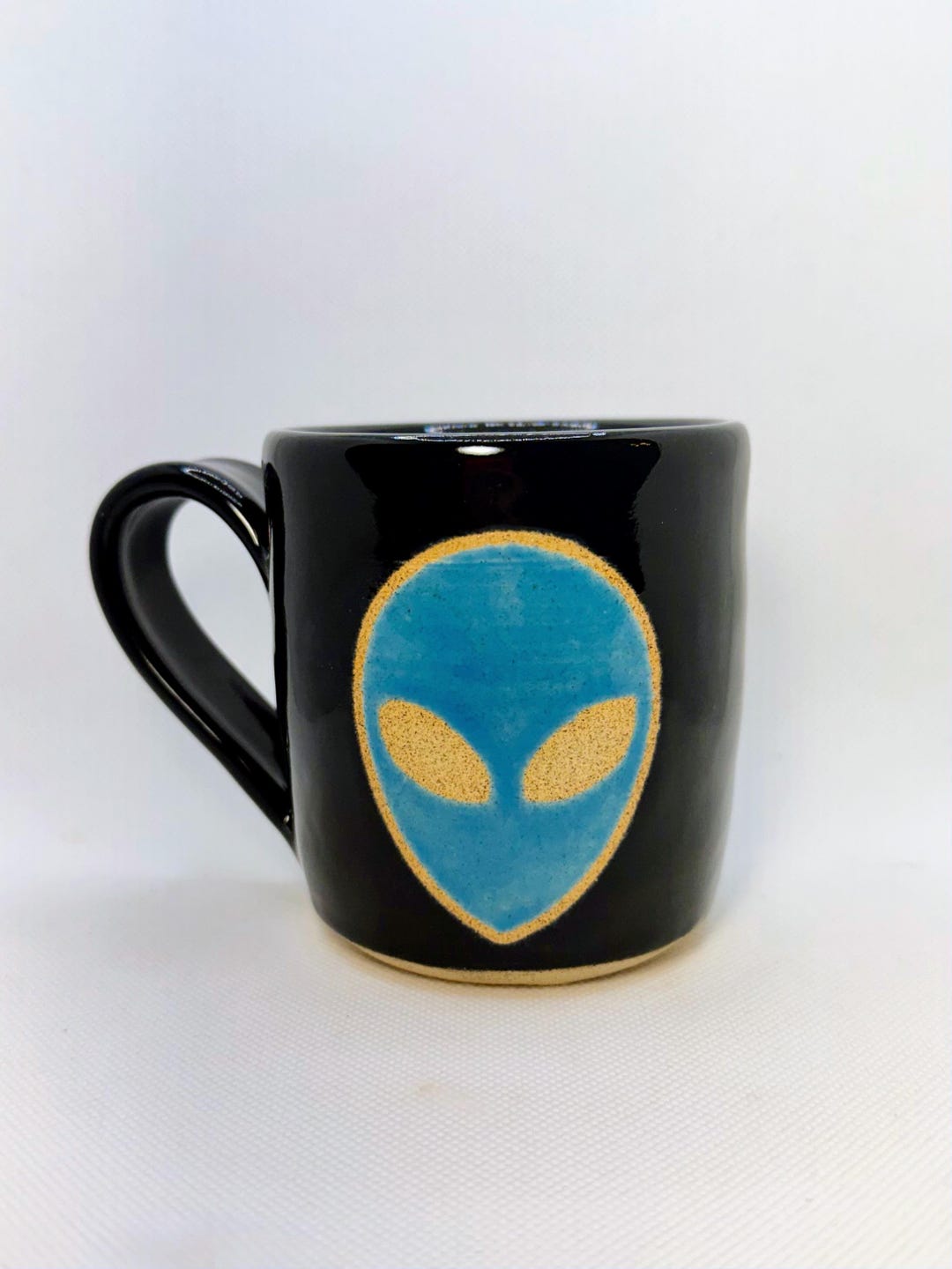 Handmade Ceramic Alien Mug – Black Pottery Coffee Cup With Blue Alien ...