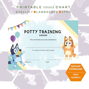 May include: Printable potty training award certificate featuring two cartoon dogs, one blue and one orange, with the text "Potty Training Award" and "This certificate is proudly presented to... for being officially toilet trained".
