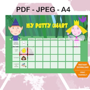 May include: A green and white printable potty training chart featuring Ben and Holly characters. The chart has a calendar layout with days of the week labeled.  The chart includes four icons: a toilet, a yellow pee drop, a brown poop, and a hand washing with soap.