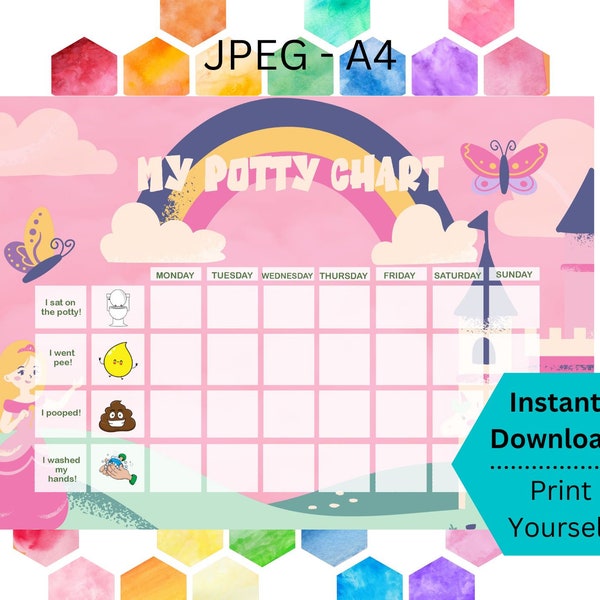 Princess Unicorn Rainbow potty training chart. sticker chart, rewards chart, toddler chart, instant digital download. cute girly design