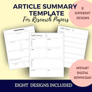 Academic Article Summary Sheet, Research Paper Organization, Literature Search Printable Template, Reading Summary, Student Essay Planner
