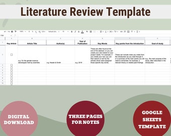 May include: A green and white Google Sheets template for a literature review. The template has columns for key article, article title, author, year of publication, key words, key points from the introduction, and goal of study. The template is labeled "Digital Download" and "Three Pages for Notes".