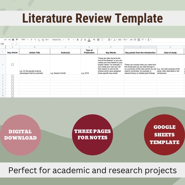 Research Literature Review and Literature Search Template | Google Sheets | Paper Organization and Project Management tool | Academic papers