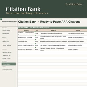 Puede incluir: Una p&aacute;gina web titulada "Citation Bank" con el texto "Ahorre tiempo rastreando referencias". La p&aacute;gina muestra una tabla con citas APA, incluyendo autor, a&ntilde;o, t&iacute;tulo del art&iacute;culo y revista. El sitio es de FreshStartPaper.