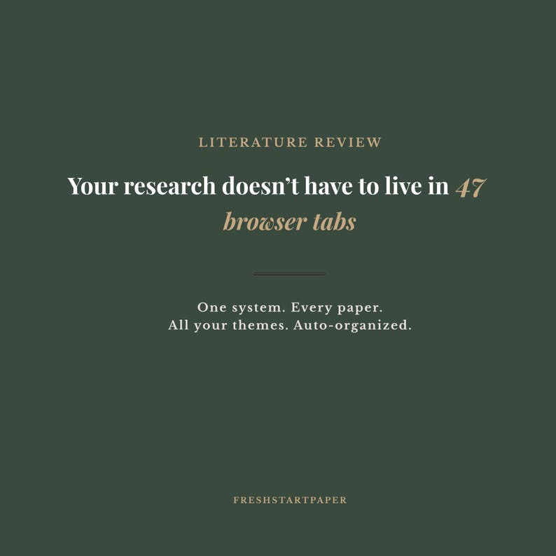 Puede incluir: Imagen con fondo verde oscuro con texto que dice "LITERATURE REVIEW" y "Your research doesn't have to live in 47 browser tabs". Debajo, dice "One system. Every paper. All your themes. Auto-organized." En la parte inferior, "FRESHSTARTPAPER."