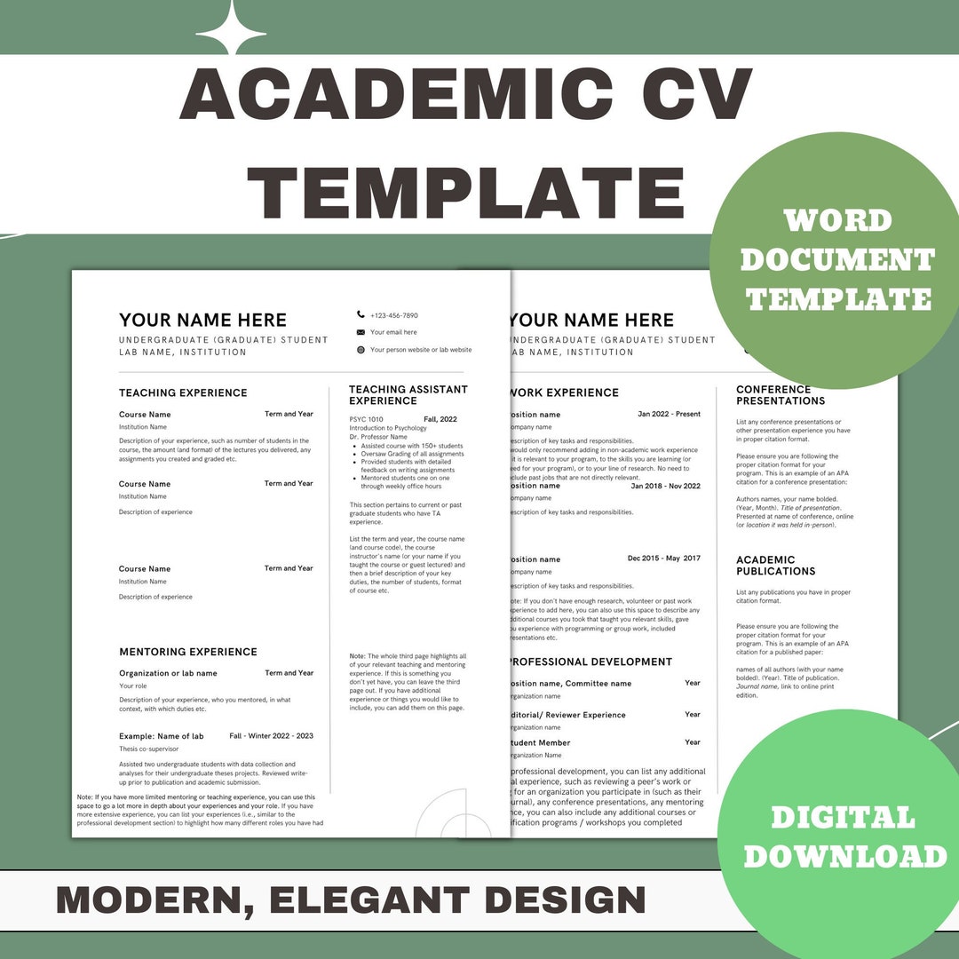 Academic CV Template in Word Document, Modern Minimalist Elegant