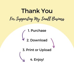 Pode incluir: Um c&iacute;rculo branco com contorno roxo e setas apontando para uma lista de etapas: Comprar, Baixar, Imprimir ou carregar, Desfrutar! O texto "Obrigado por apoiar meu pequeno neg&oacute;cio" est&aacute; acima do c&iacute;rculo.