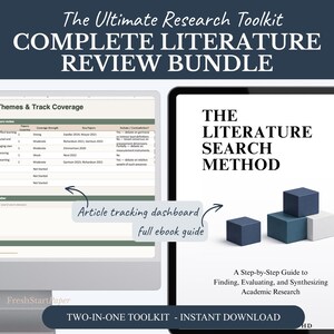 May include: A digital research toolkit bundle with the text "COMPLETE LITERATURE REVIEW BUNDLE." The image includes a computer screen displaying a research dashboard and a tablet with the text "THE LITERATURE SEARCH METHOD."