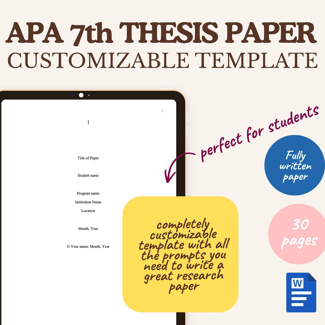 APA 7th Edition Thesis Template | Word Doc | Graduate Student Paper ...