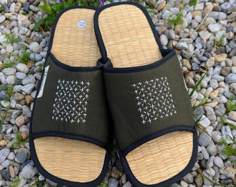 Linen Seagrass Slippers Sashiko Embroidery: Men Slippers with Cinnamon scent, Summer Women Slipper