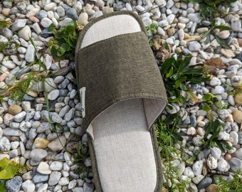 Pantoufles en lin cannelle, chaussons pour femmes, chaussons printemps-été, chaussons pour hommes, chaussons à bout ouvert, chaussons en lin, chaussons en lin