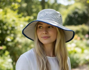 Sombrero de lino de ala ancha para el sol: bordado sashiko, sombrero hecho a mano en Francia.