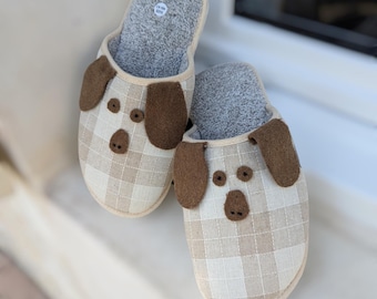 Women Slippers - Linen Warm House Slippers for Autumn and Winter, Dog Design, Vegan Gift