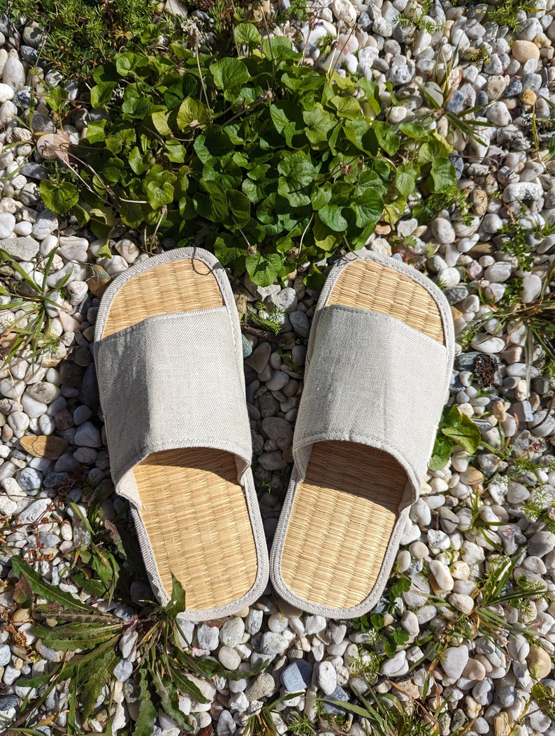 Pantoufles en jonc de mer à la cannelle, chaussons d'intérieur pour la maison, chaussons faits main, chaussons pour femmes, chaussons pour hommes Beige linen