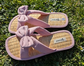Natural Linen slippers for Women, Straw Slippers, Handmade slippers, PINK slippers